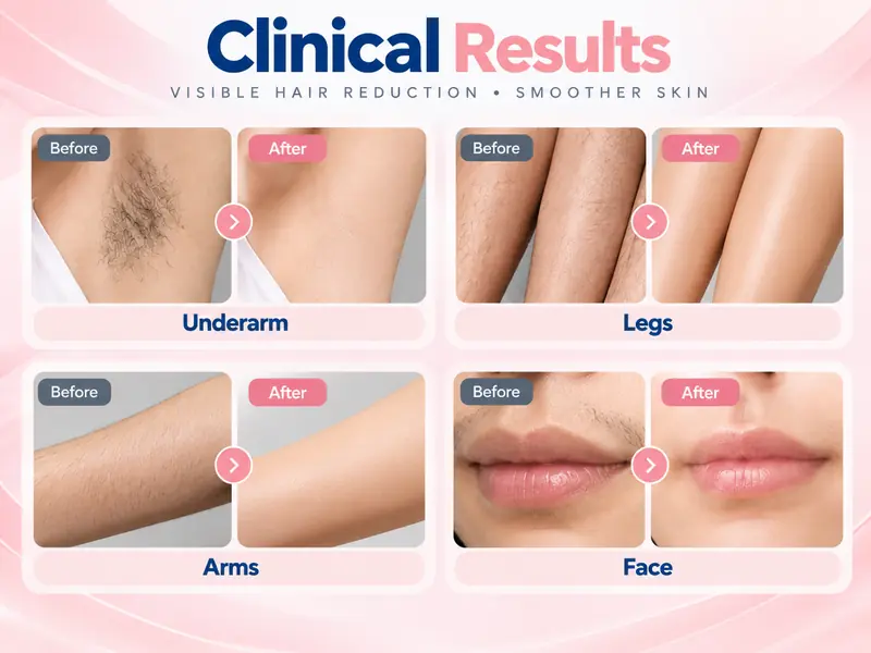 1200W diode laser hair removal before and after results for face, underarms, arms and legs