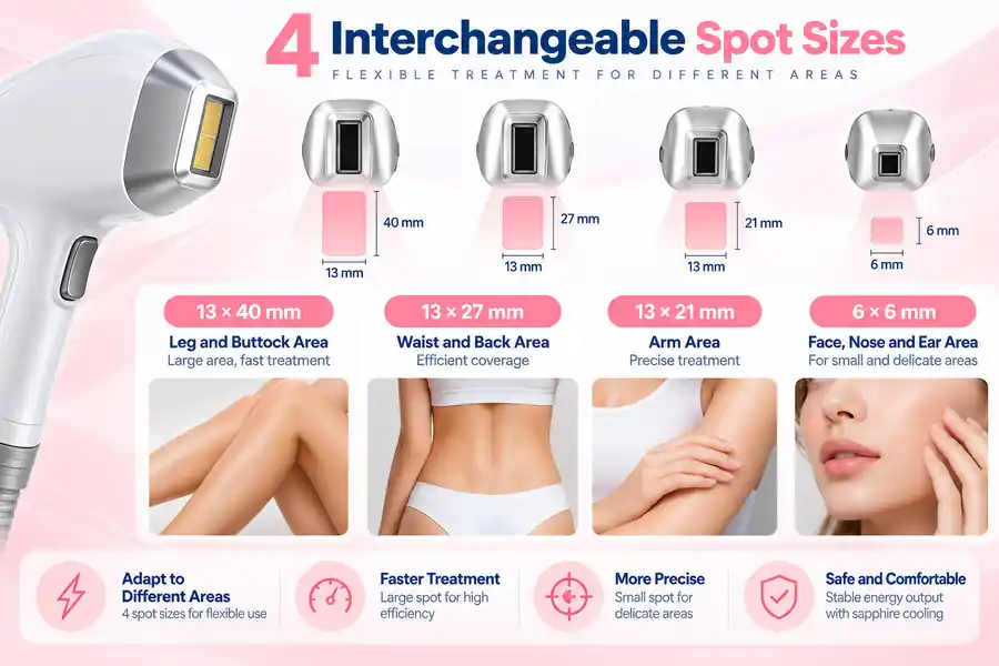 Diode laser with 4 interchangeable spot sizes for hair removal