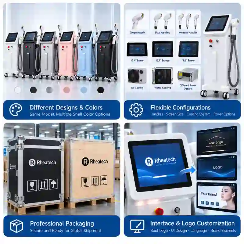 Aesthetic equipment customization with different machine colors, configurations, packaging and branded interfaces
